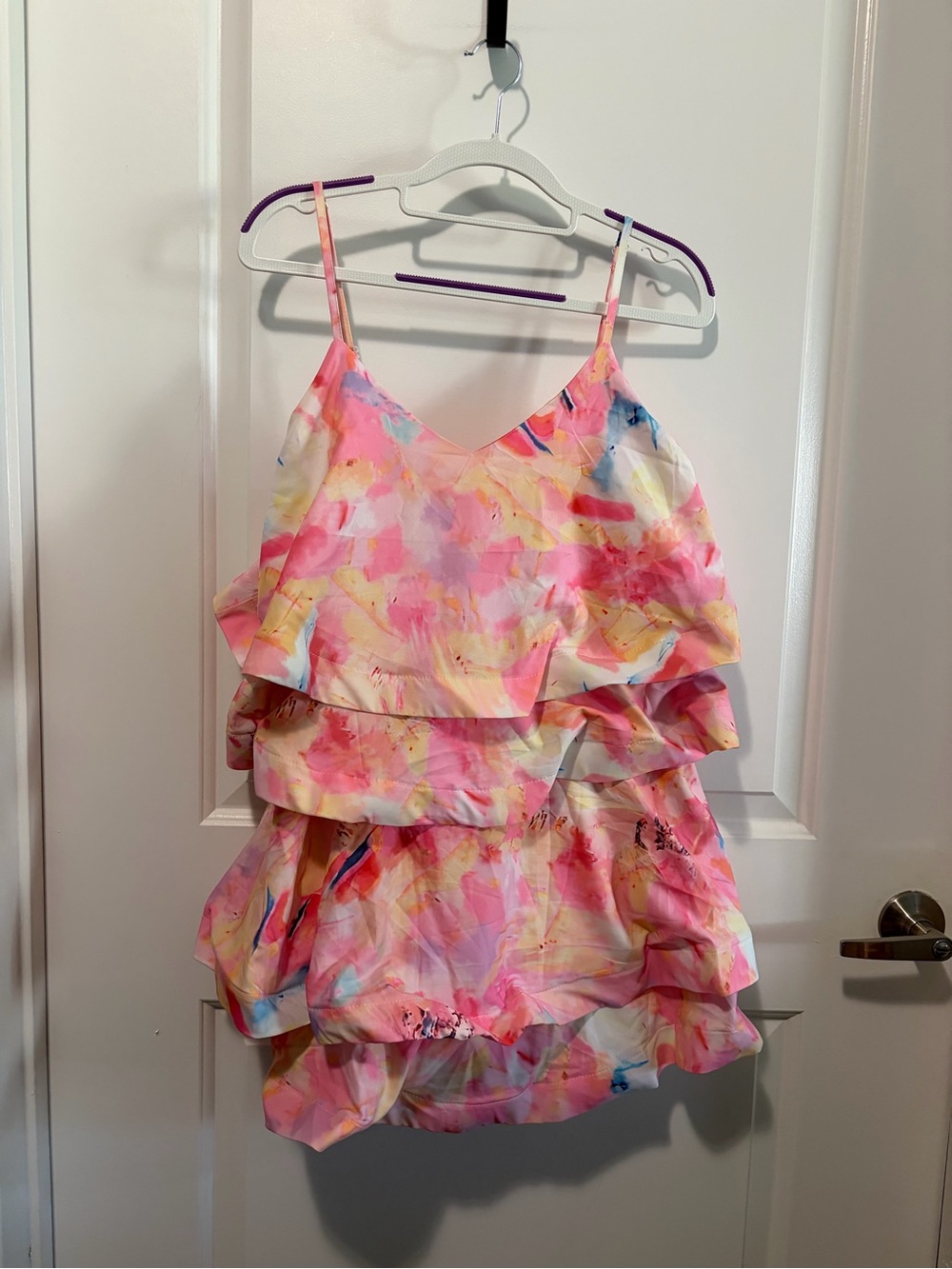 SHEIN Pink Watercolor Multi-Tiered Ruffle Mini Dress